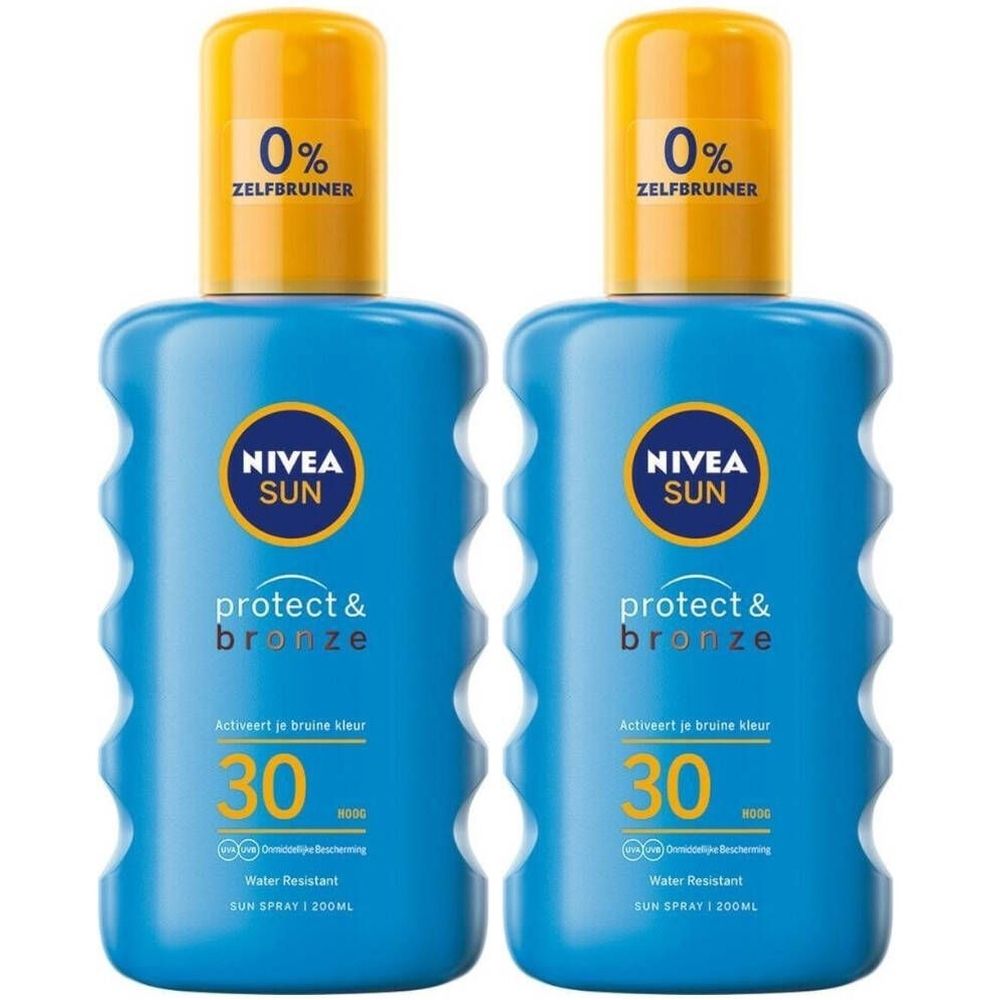 Deux sprays solaires bleus avec bouchons jaunes. Inscription: Nivea Sun Protect & Bronze SPF30. Résistant à l'eau. 0% autobronzant.