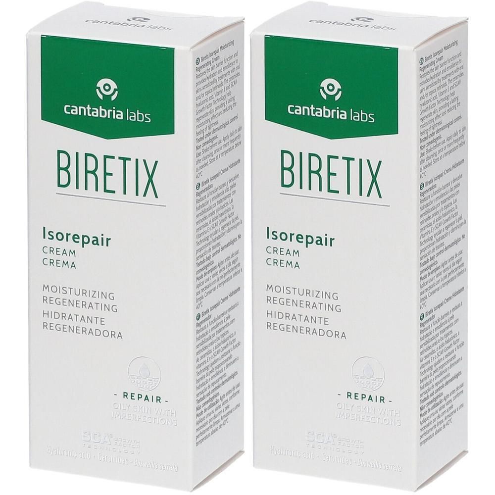 Deux boîtes blanches BIRETIX Isorepair. Inscription: CREMA, MOISTURIZING REGENERATING, cantabria labs.