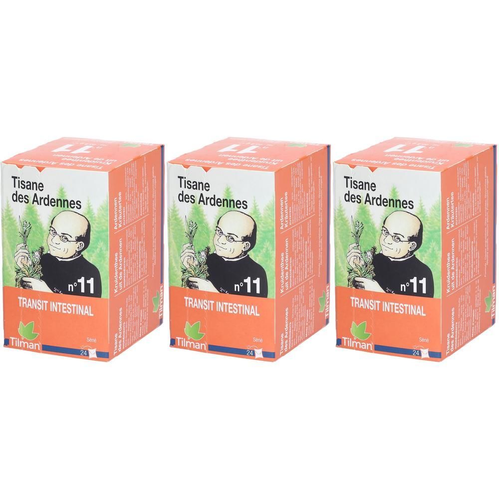 Trois boîtes oranges avec des inscriptions. Sur chaque boîte : "Tisane des Ardennes", "Transit Intestinal" et une illustration.