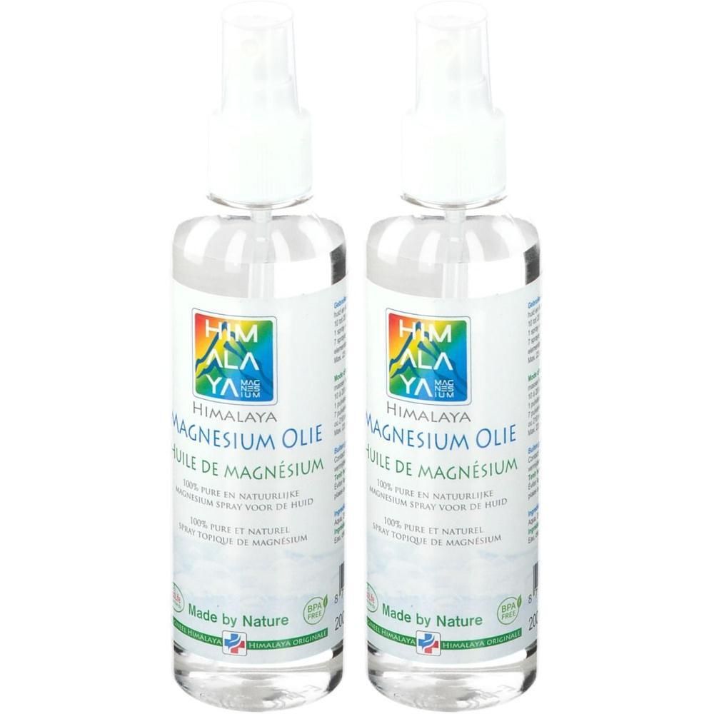Deux flacons d'huile de magnésium Himalaya avec vaporisateur. Inscription : Magnesium Olie, 100% magnésium pur.