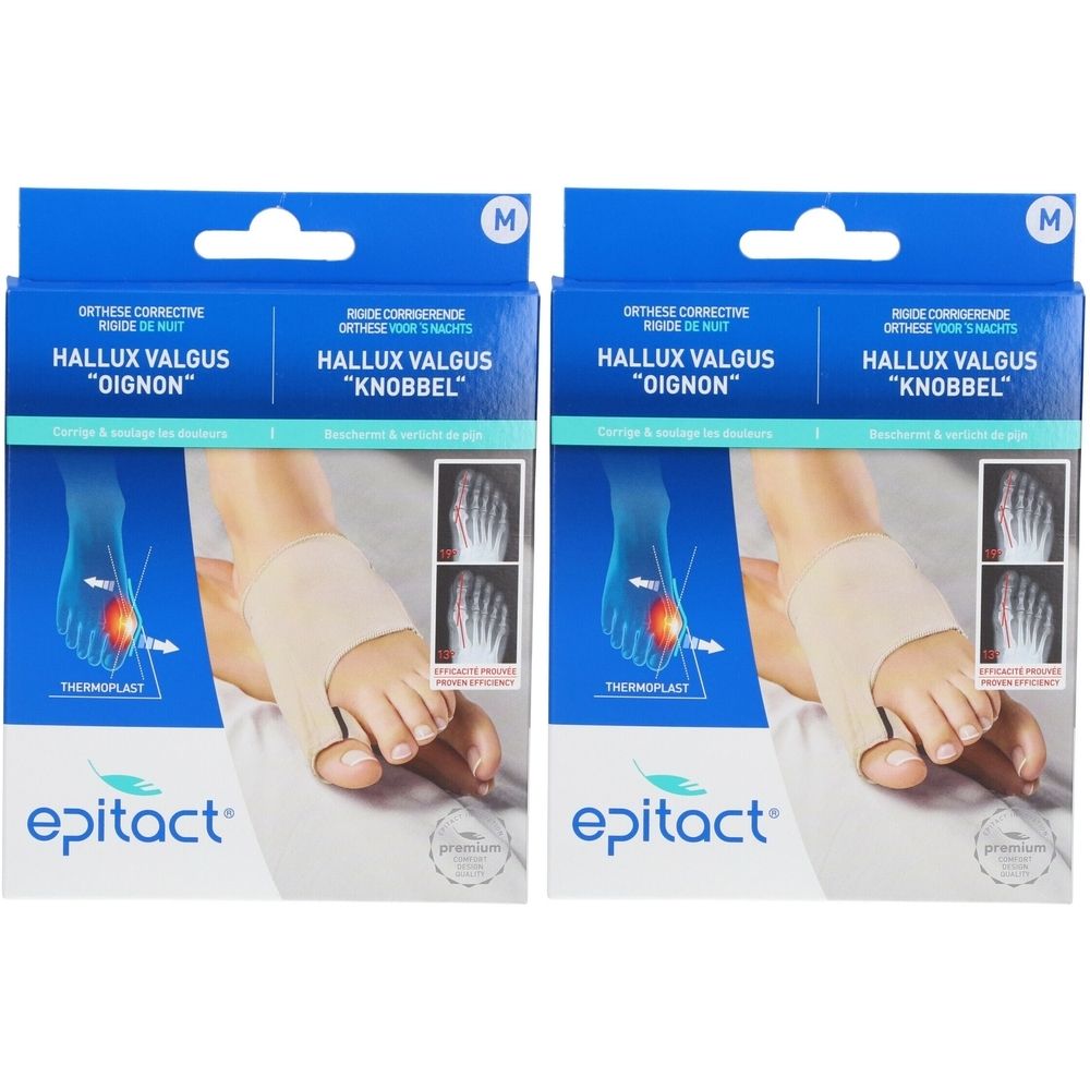 Deux boîtes Epitact Hallux Valgus Orthèse Corrective Nuit M. Emballage bleu avec image du produit et texte.