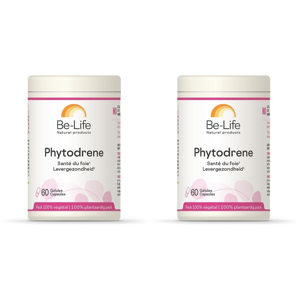 Deux flacons blancs avec étiquette rose et orange. Inscription : Be-Life Phytodrene, 60 gélules.