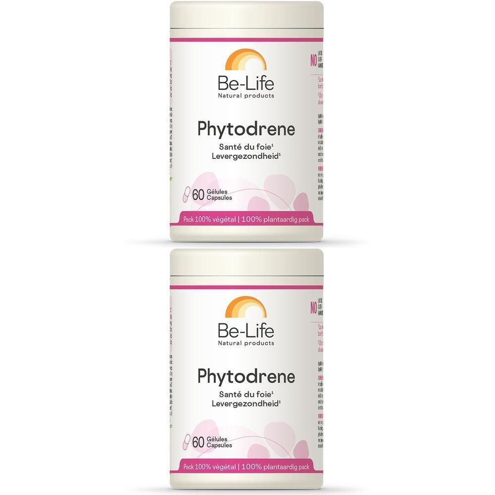 Deux flacons blancs avec étiquette rose et orange. Inscription : Be-Life Phytodrene, 60 gélules.