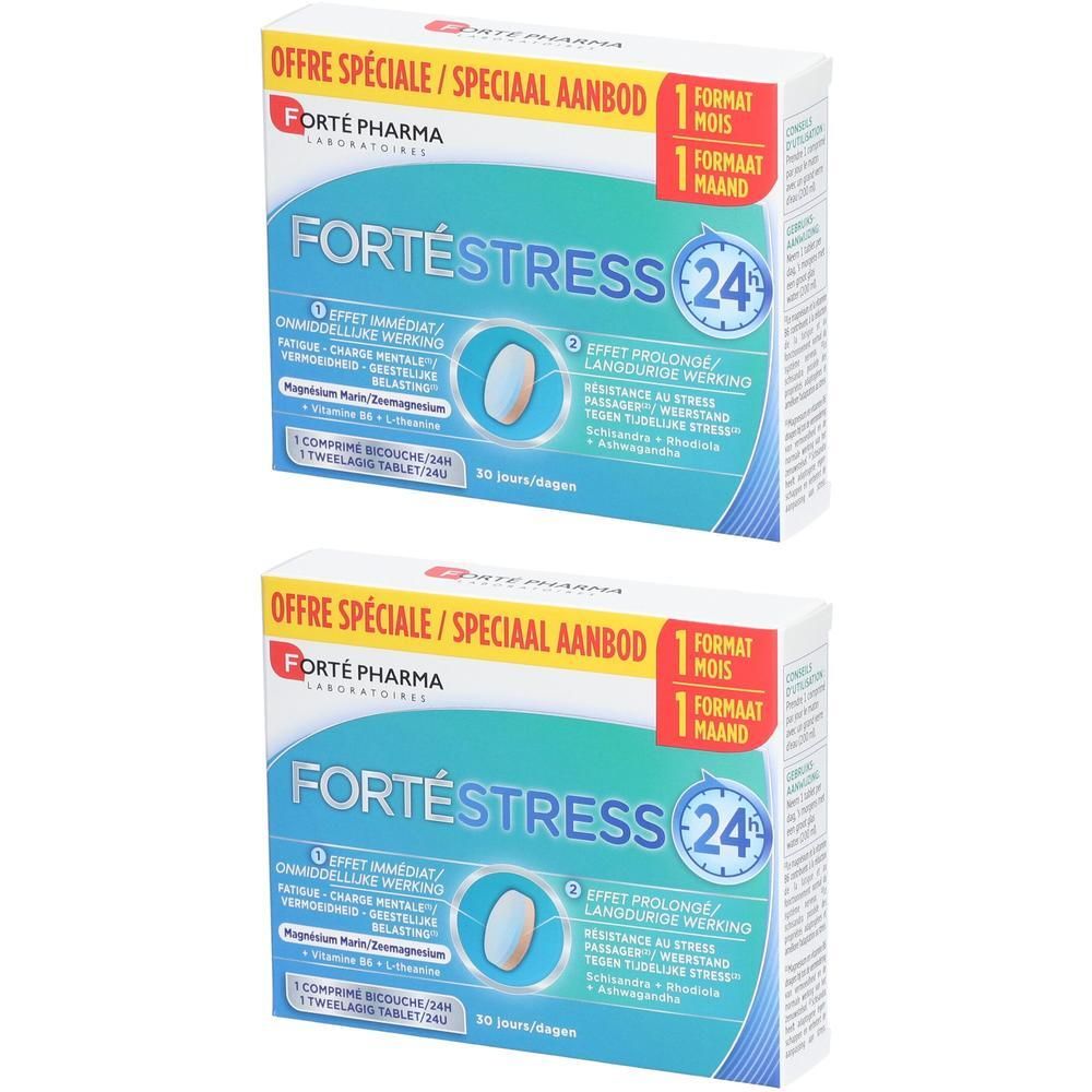Deux boîtes de FortéStress 24h. Image de comprimé blanc. Emballage rouge et bleu avec texte. "Offre spéciale" et "1 mois".