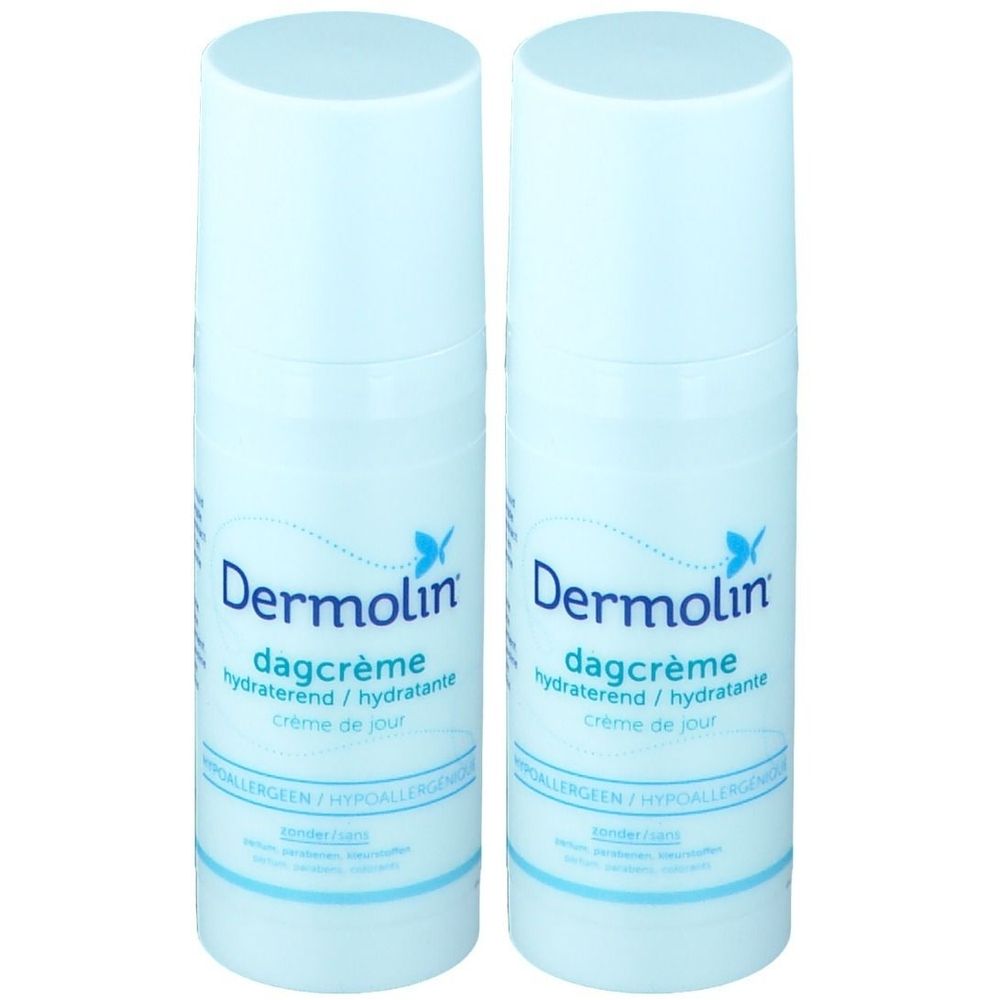 Deux flacons blancs de crème de jour Dermolin, texte bleu et logo. Inscription : dagcrème hydraterend / hydratante crème de jour.