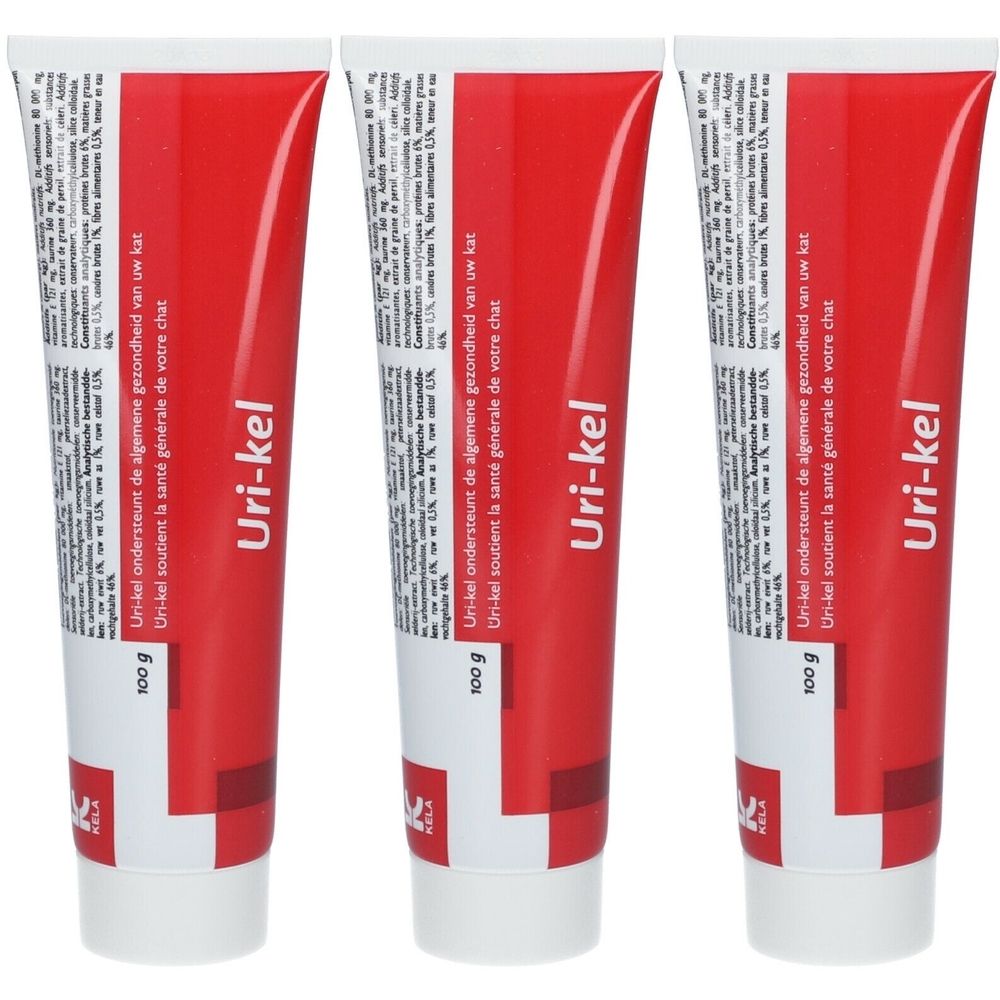 Trois tubes de Uri-kel. Tubes rouges et blancs avec du texte. Chaque tube porte l'inscription "Uri-kel" et "100 g".