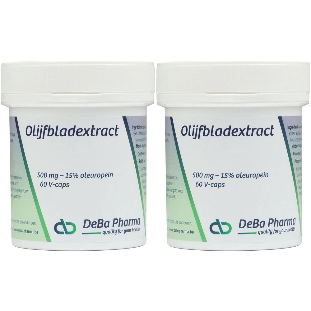 Deux pots blancs avec couvercles. Inscription: Olijfbladextract, 500 mg, 15% oleuropéine, 60 V-caps. Marque: DeBa Pharma.