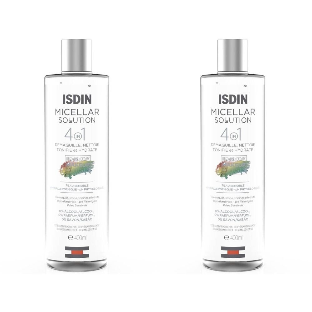 Deux flacons de ISDIN Micellar Solution 4 en 1. Flacons transparents avec bouchon argenté. Inscriptions et illustrations.