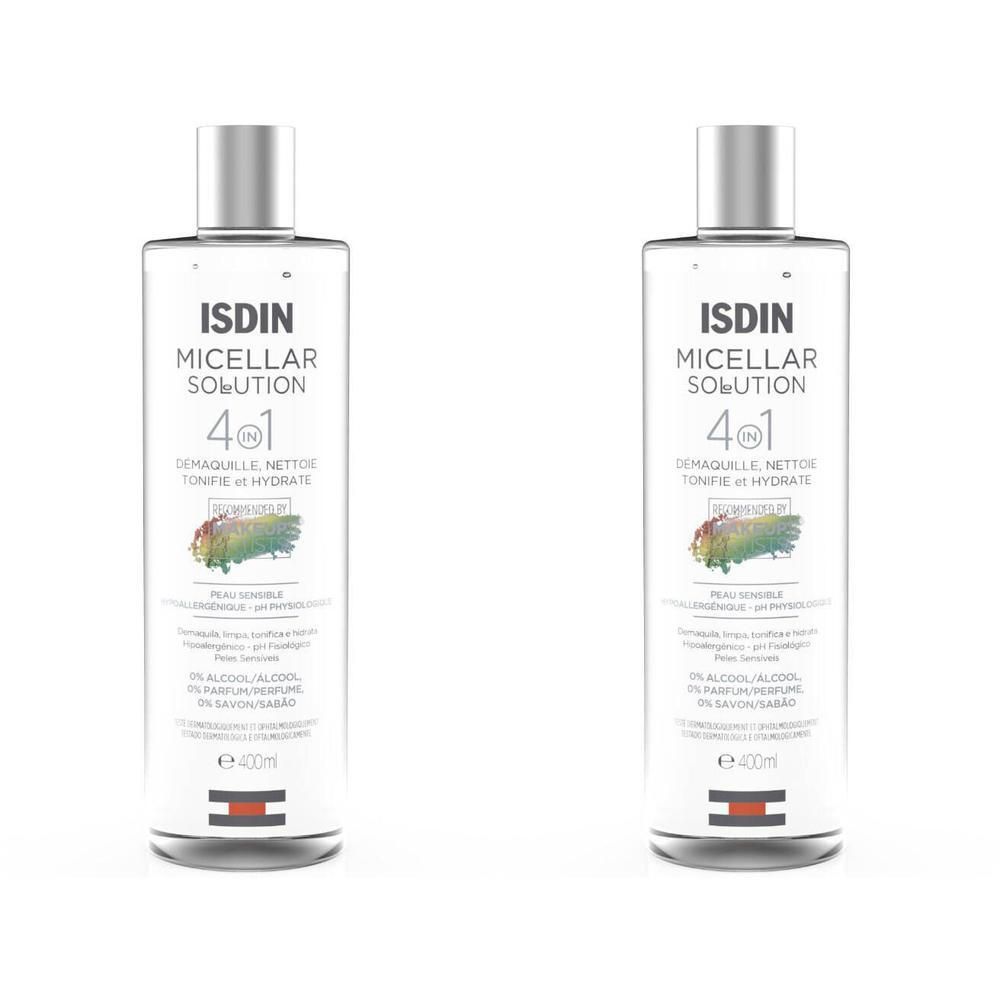 Deux flacons de ISDIN Micellar Solution 4 en 1. Flacons transparents avec bouchon argenté. Inscriptions et illustrations.