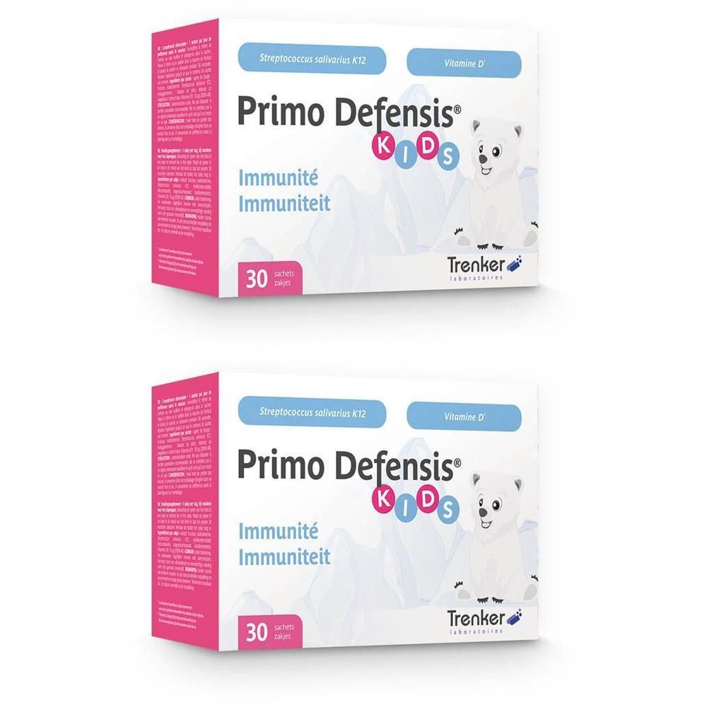 Deux boîtes de Primo Defensis Kids. Boîtes blanches avec nom du produit, logo et informations. 30 sachets.