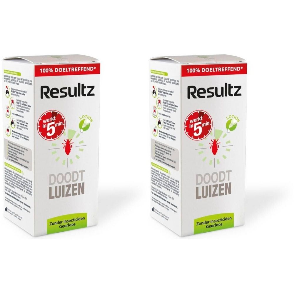 Emballage Resultz Lotion. Blanc, vert et rouge. Texte : "Resultz", "Tue les poux", "Agit en 5 min".