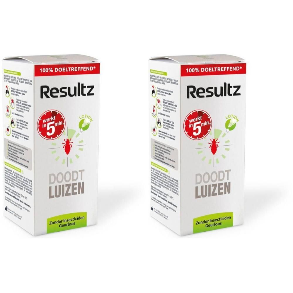 Emballage Resultz Lotion. Blanc, vert et rouge. Texte : "Resultz", "Tue les poux", "Agit en 5 min".