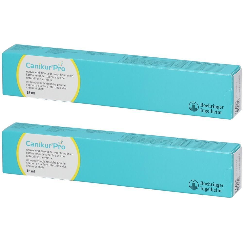 Deux boîtes bleues avec texte blanc et jaune. Inscription: Canikur Pro, 15 ml. Logo Boehringer Ingelheim.