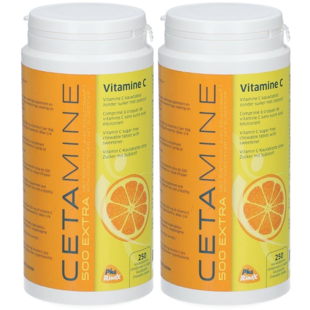Deux flacons de CETAMINE 500 Extra Vitamine C. Étiquettes orange avec texte et illustration d'orange. Bouchons blancs.