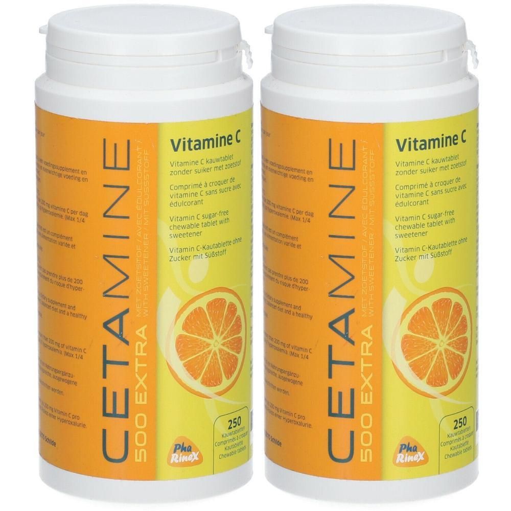 Deux flacons de CETAMINE 500 Extra Vitamine C. Étiquettes orange avec texte et illustration d'orange. Bouchons blancs.