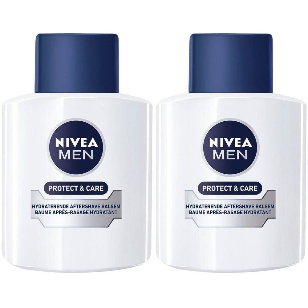 Deux flacons blancs avec bouchons bleus. Inscription: NIVEA MEN, Protect & Care. Texte: Baume après-rasage hydratant.
