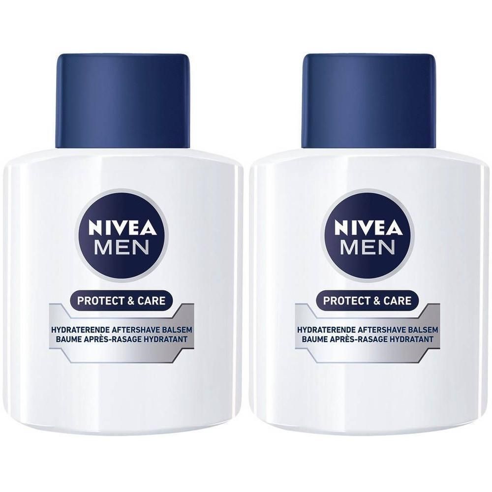 Deux flacons blancs avec bouchons bleus. Inscription: NIVEA MEN, Protect & Care. Texte: Baume après-rasage hydratant.