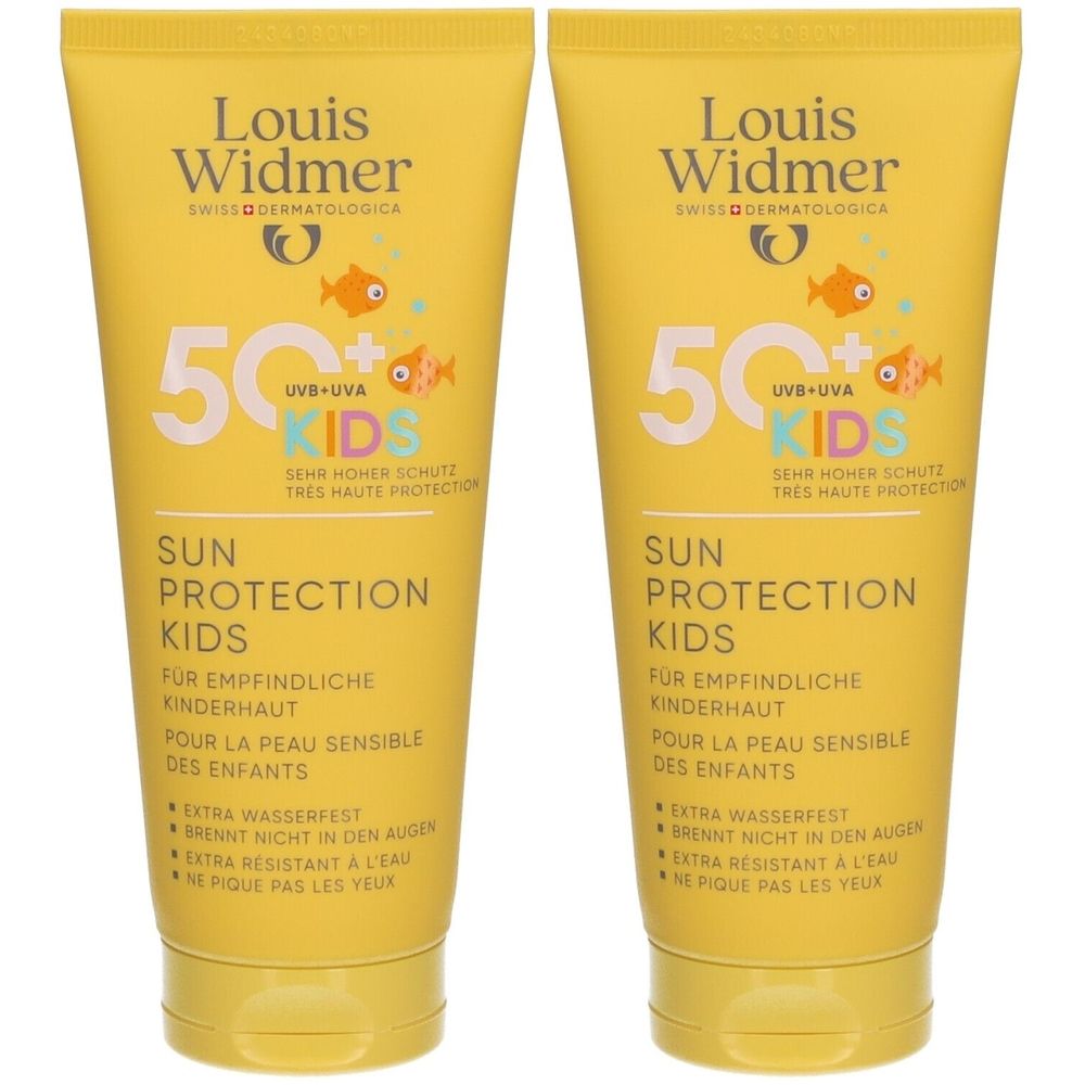 Deux tubes jaunes Louis Widmer Sun Protection Kids SPF50+. Inscription: Sun Protection Kids, 50+ UVB+UVA, résistant à l'eau.