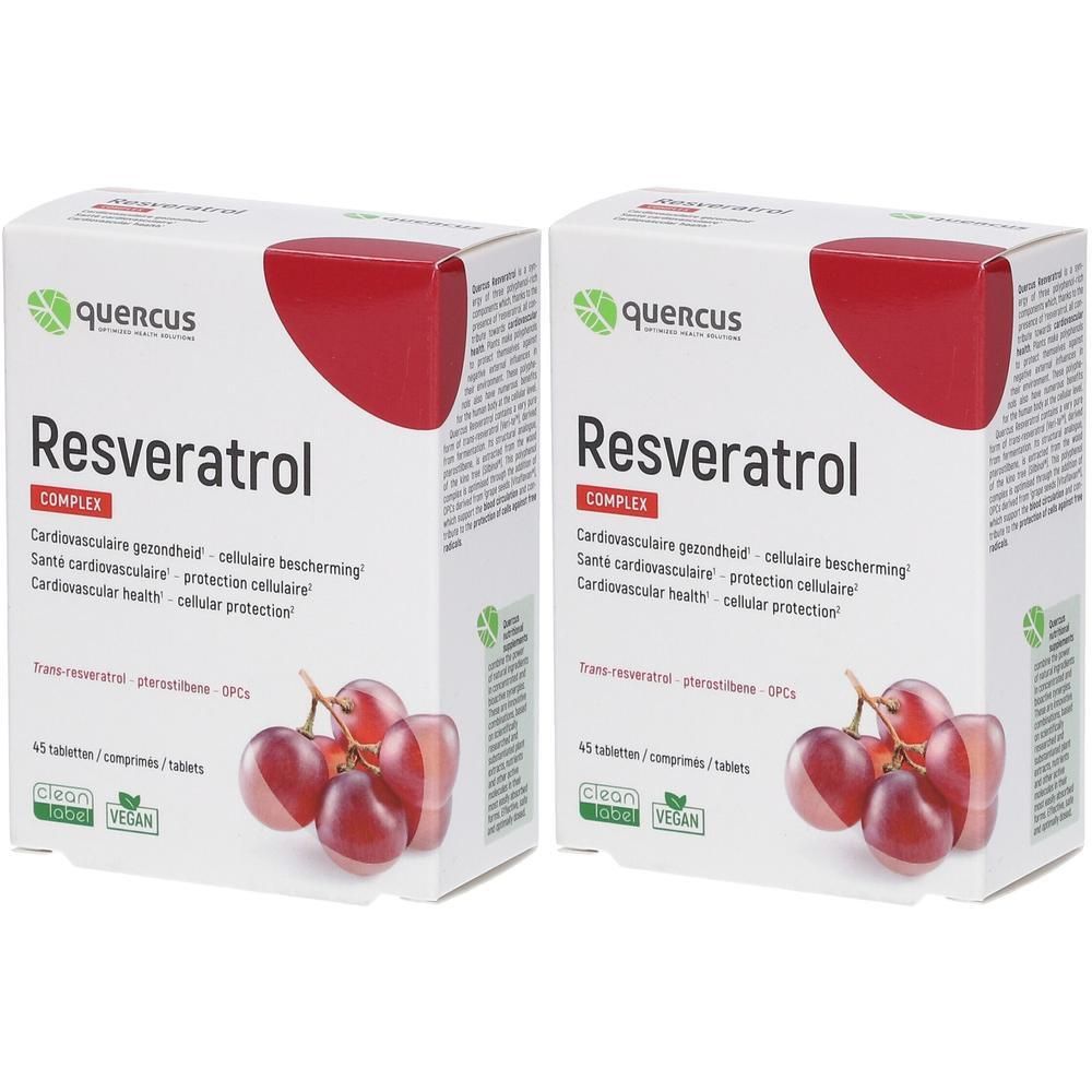 Deux boîtes de QUERCUS Resveratrol Complex. Emballage blanc avec couvercle rouge. Inscription: nom du produit, illustration de raisins, logos.