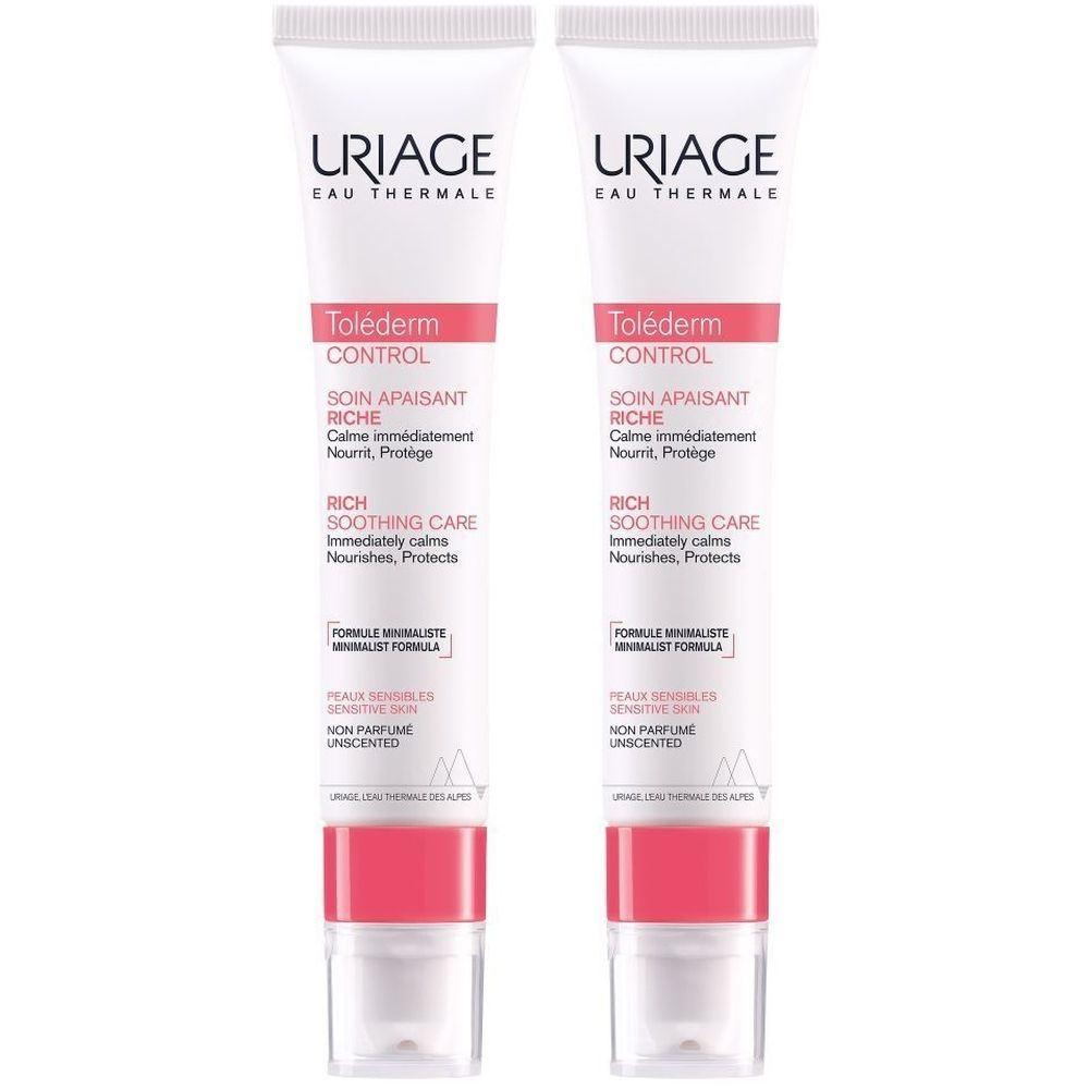 Deux tubes de crème. Blanc, avec texte rose et gris. Marque: URIAGE. Nom du produit: Toléderm CONTROL Soin Apaisant Riche.