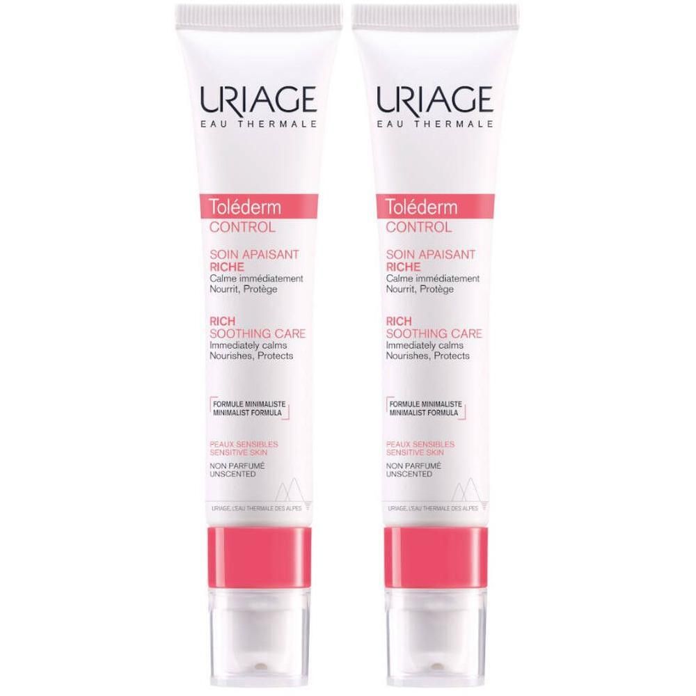 Deux tubes de crème. Blanc, avec texte rose et gris. Marque: URIAGE. Nom du produit: Toléderm CONTROL Soin Apaisant Riche.