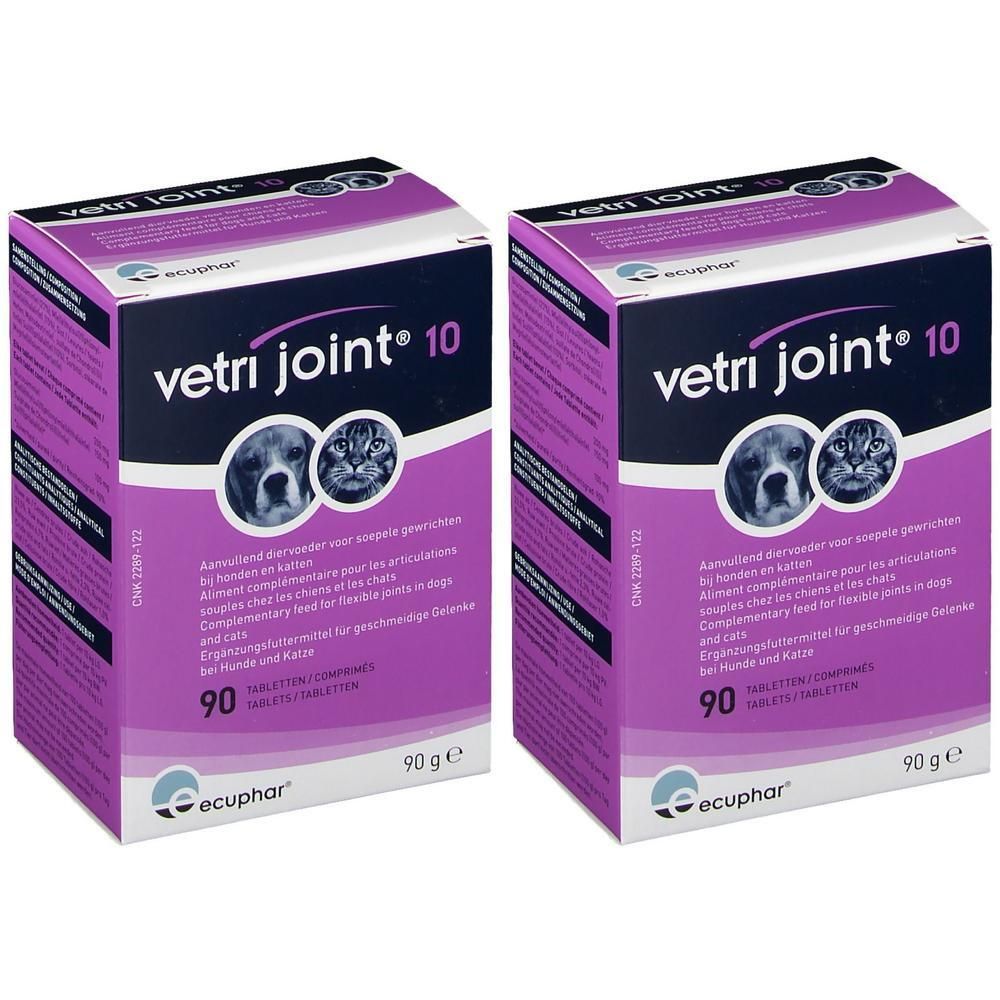 Deux boîtes de Vetri Joint 10. Emballage violet avec nom du produit, logo et images de chien et chat. 90 comprimés.