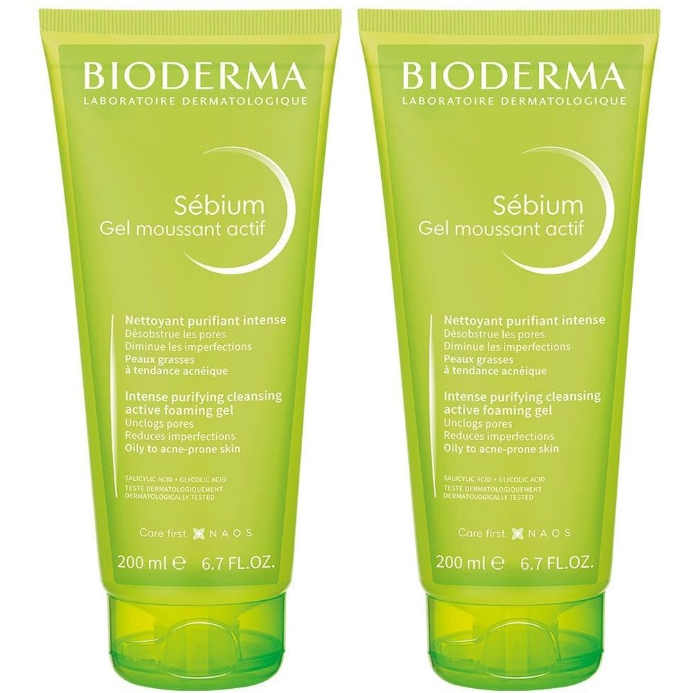 Deux tubes de BIODERMA Sébium Gel moussant actif. Design vert et blanc. Texte: Sébium, Gel moussant actif. 200 ml, 6.7 FL.OZ.