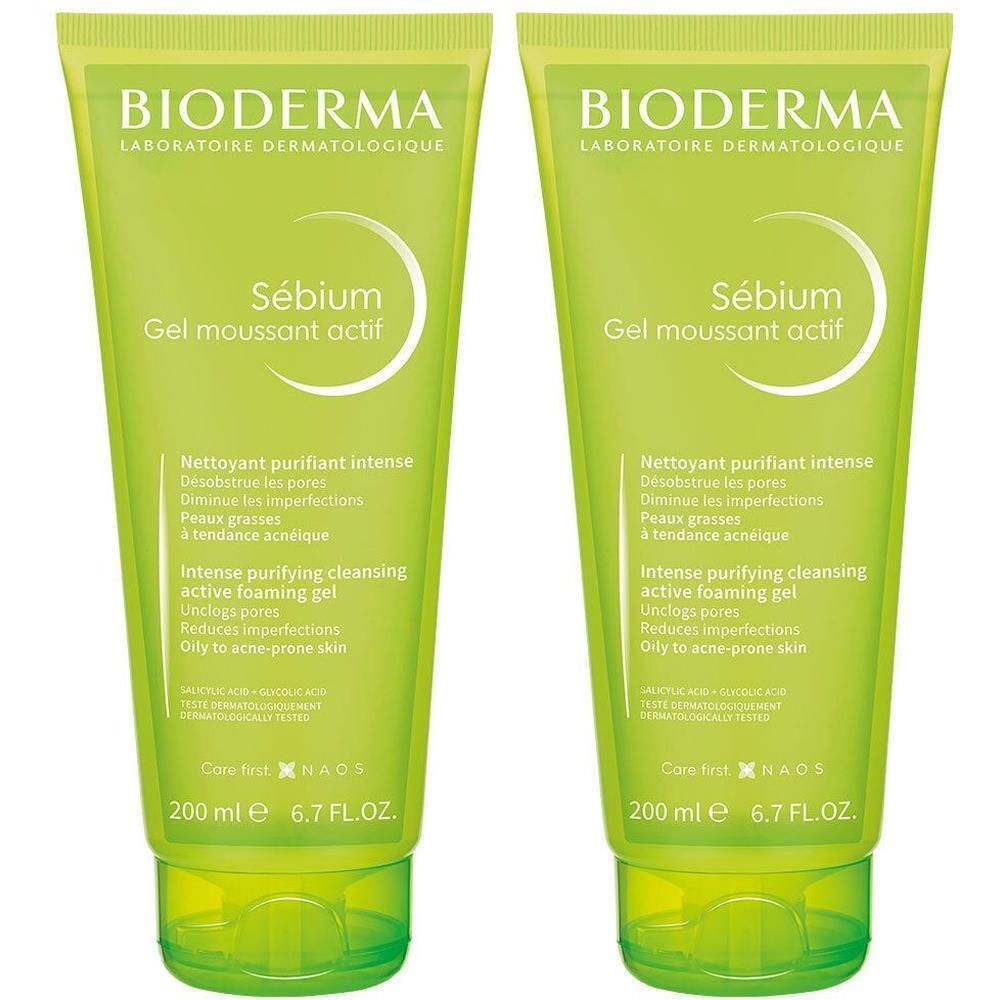 Deux tubes de BIODERMA Sébium Gel moussant actif. Design vert et blanc. Texte: Sébium, Gel moussant actif. 200 ml, 6.7 FL.OZ.