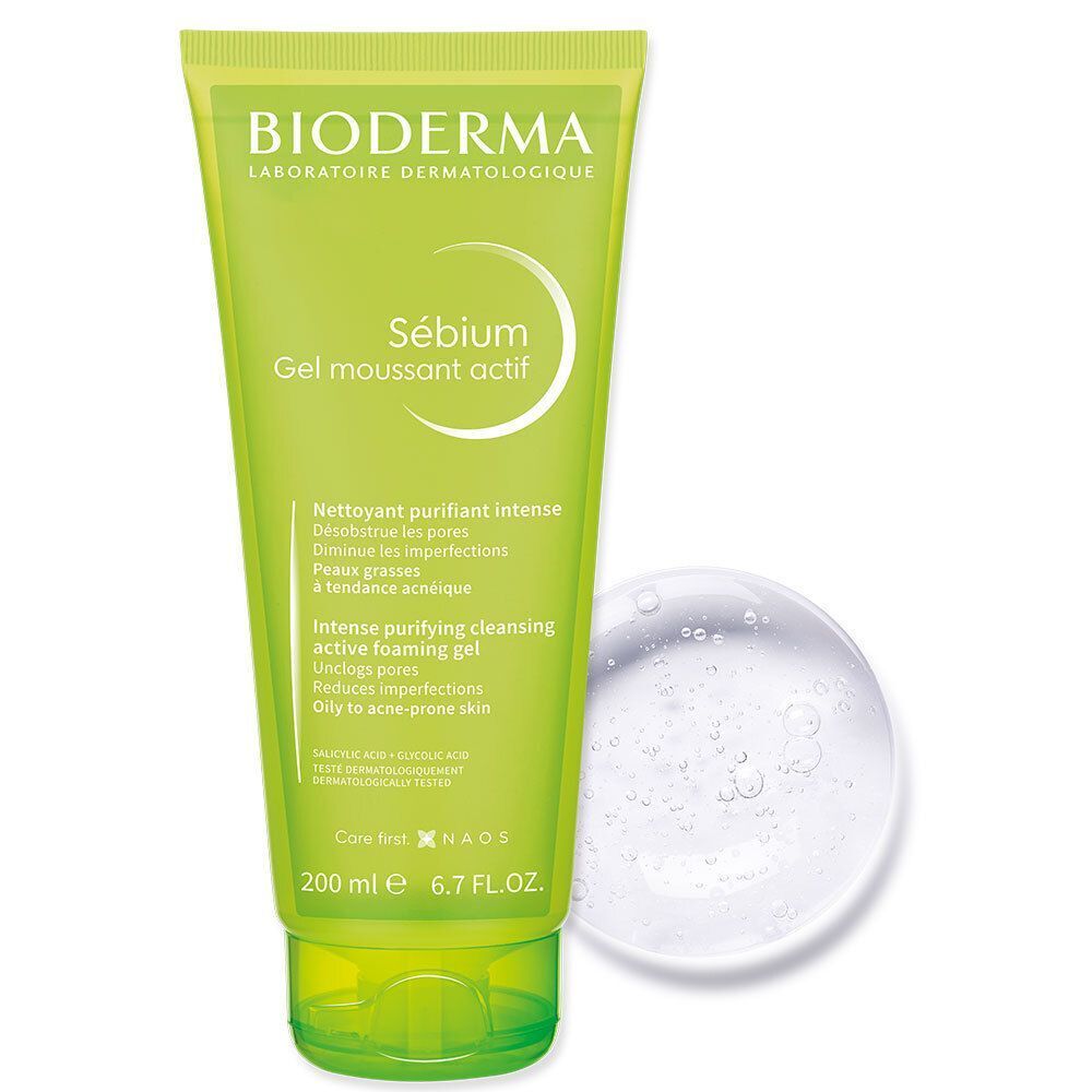 Tube BIODERMA Sébium Gel moussant actif avec échantillon de gel. Design vert et blanc. Texte: Sébium, Gel moussant actif. 200 ml, 6.7 FL.OZ.