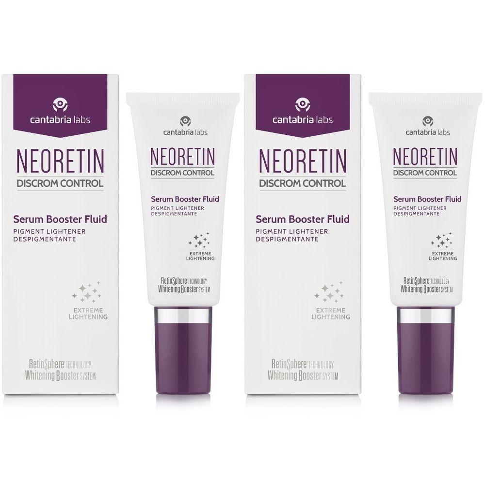 Deux tubes et deux boîtes. Inscription: NEORETIN Discrom Control Serum Booster Fluid. Éléments blancs, violets et noirs.