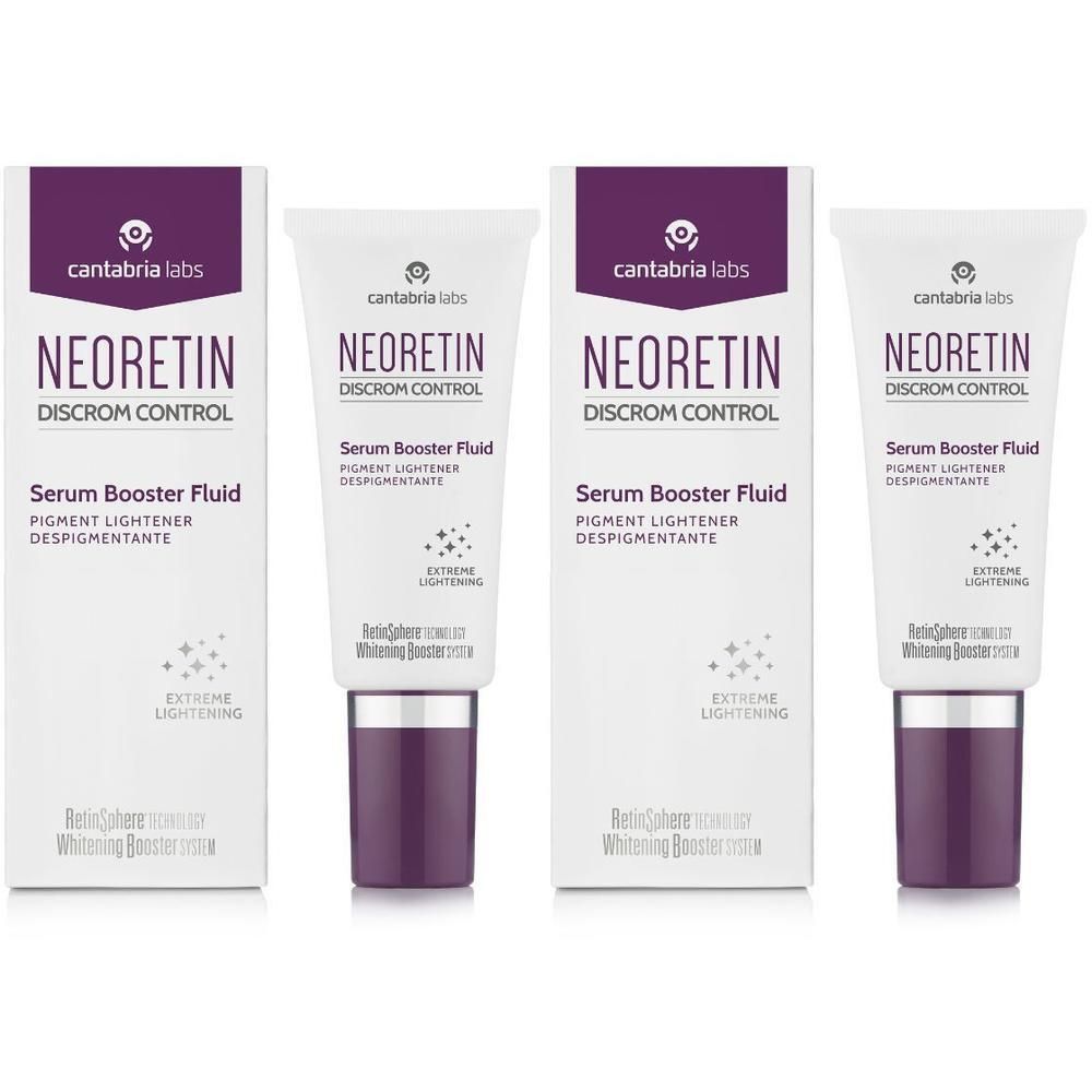 Deux tubes et deux boîtes. Inscription: NEORETIN Discrom Control Serum Booster Fluid. Éléments blancs, violets et noirs.