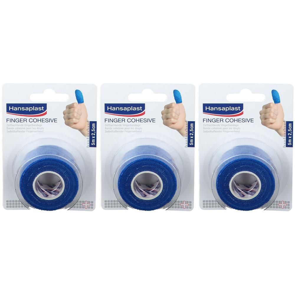 Trois rouleaux de bandage adhésif pour doigts Hansaplast bleu, emballage blister. Inscription : Finger Cohesive, 5 m x 2,5 cm.