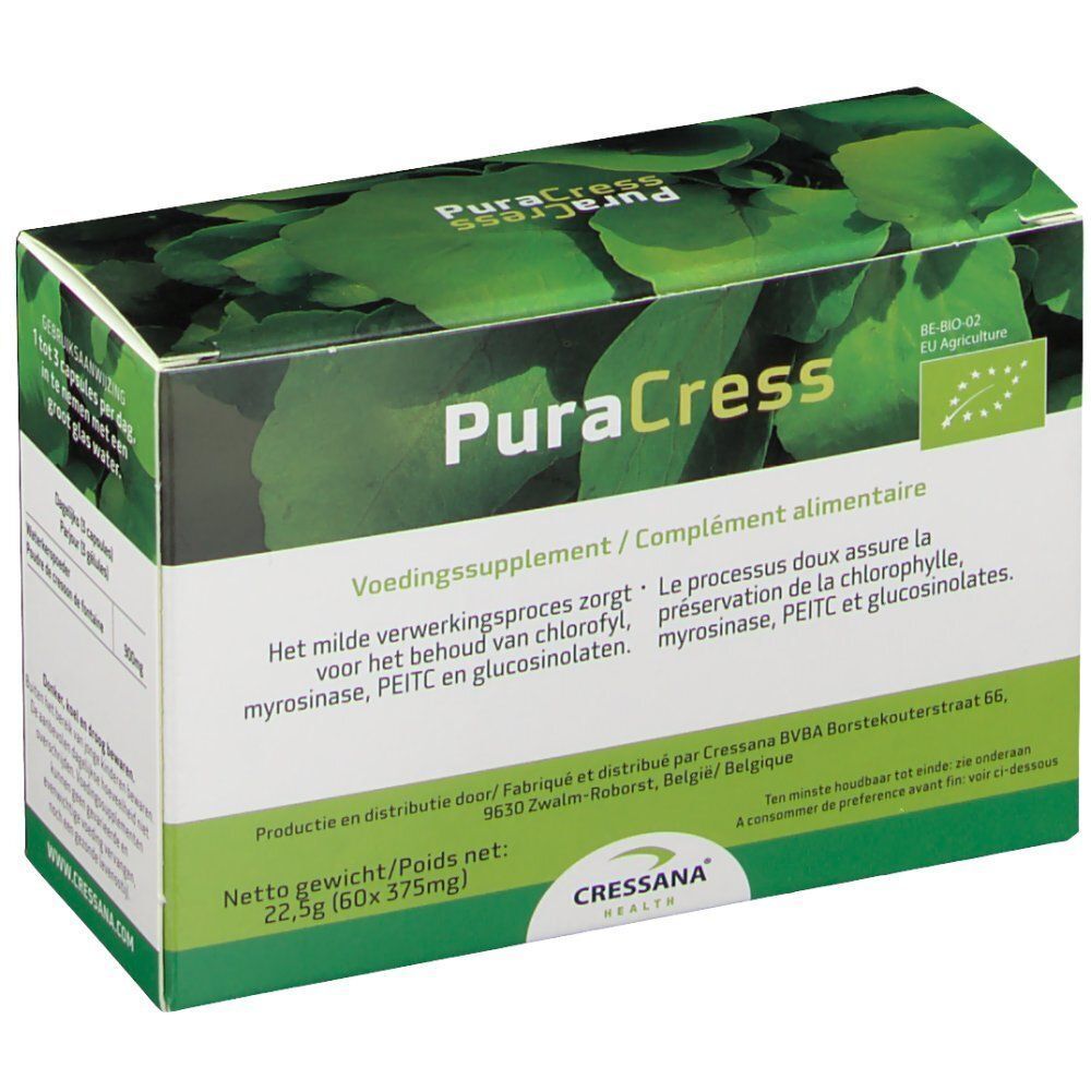Boîte verte avec logo "PuraCress" et motif de feuilles. Texte : "Poids net : 22,5g (60x375mg)".