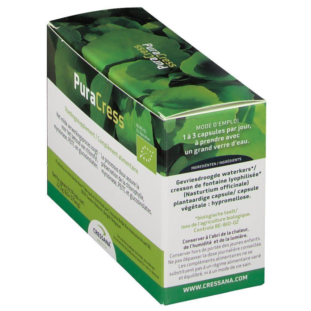 Boîte verte avec logo "PuraCress" et motif de feuilles. Texte : "Mode d'emploi: 1 à 3 gélules par jour".