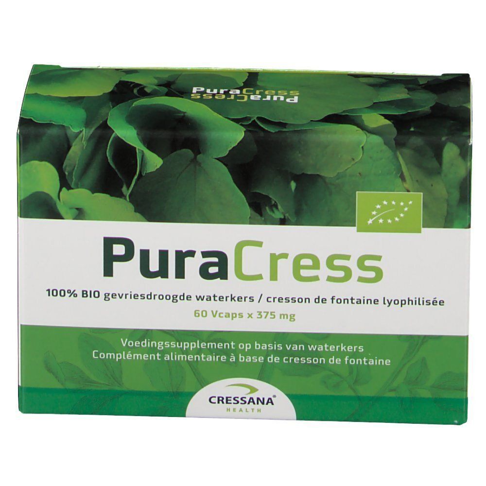 Boîte verte avec logo "PuraCress" et motif de feuilles. Texte : "60 Vcaps x 375 mg".