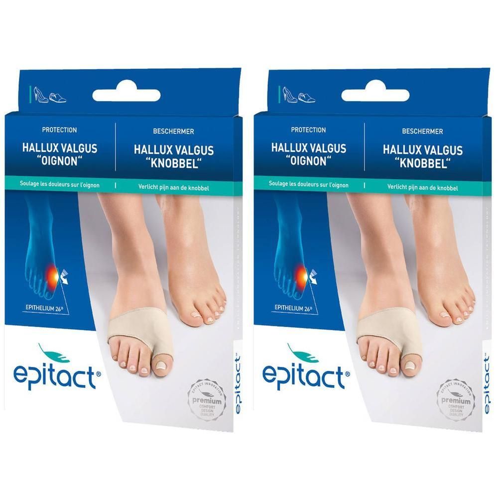 Deux boîtes Epitact® Hallux Valgus « Oignon » Medium. Protection orteil beige avec emballage. Texte: Hallux Valgus, Epithelium 26®, Premium.
