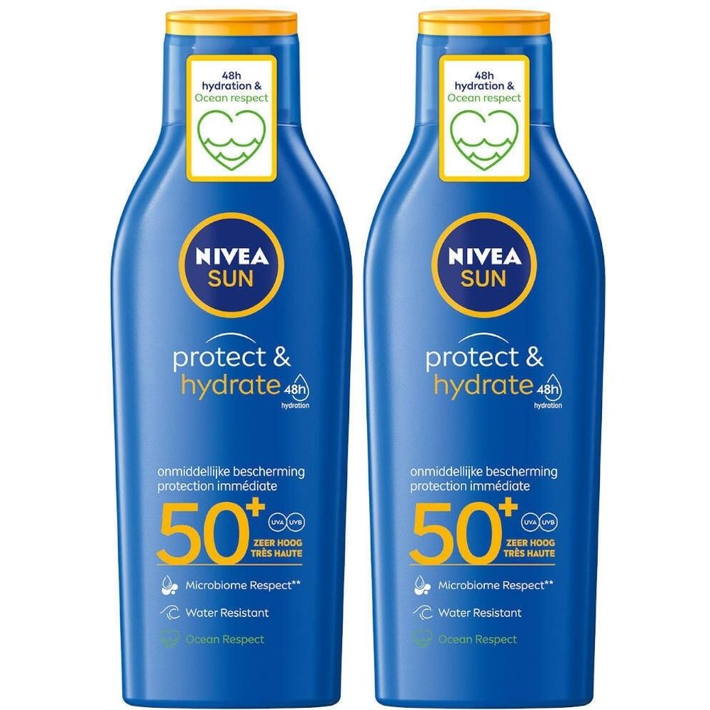 Deux flacons bleus avec bouchons jaunes. Inscription: Nivea Sun Protect & Hydrate, SPF50+. Logo Ocean Respect.