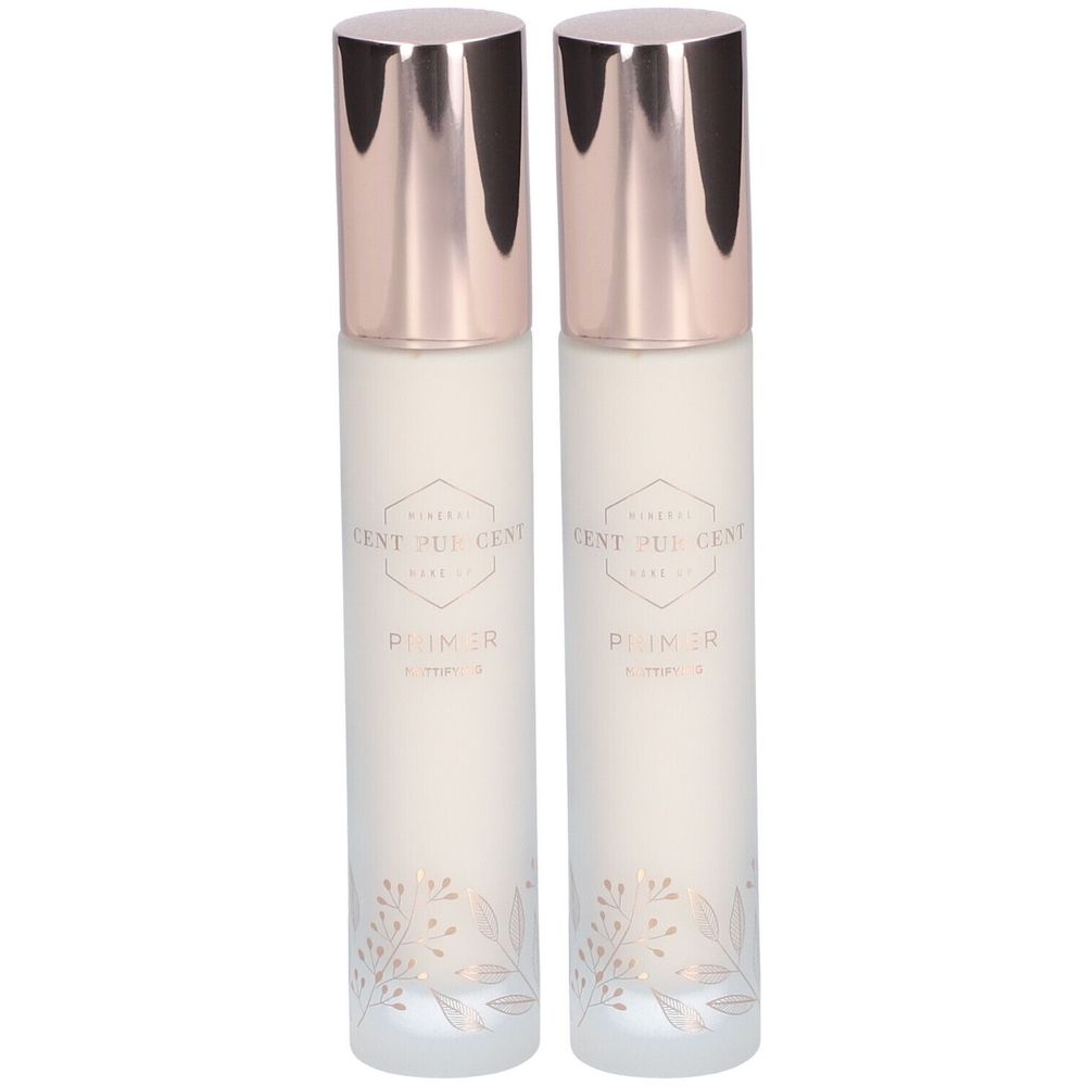 Deux flacons avec bouchons or rose. Inscription: CENT PUR CENT, Primer. Motif floral en bas.