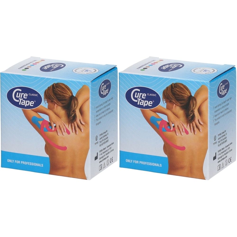 Deux boîtes Cure Tape® Bleu carrées. Impression : femme avec tape dans le dos. Texte : ONLY FOR PROFESSIONALS.