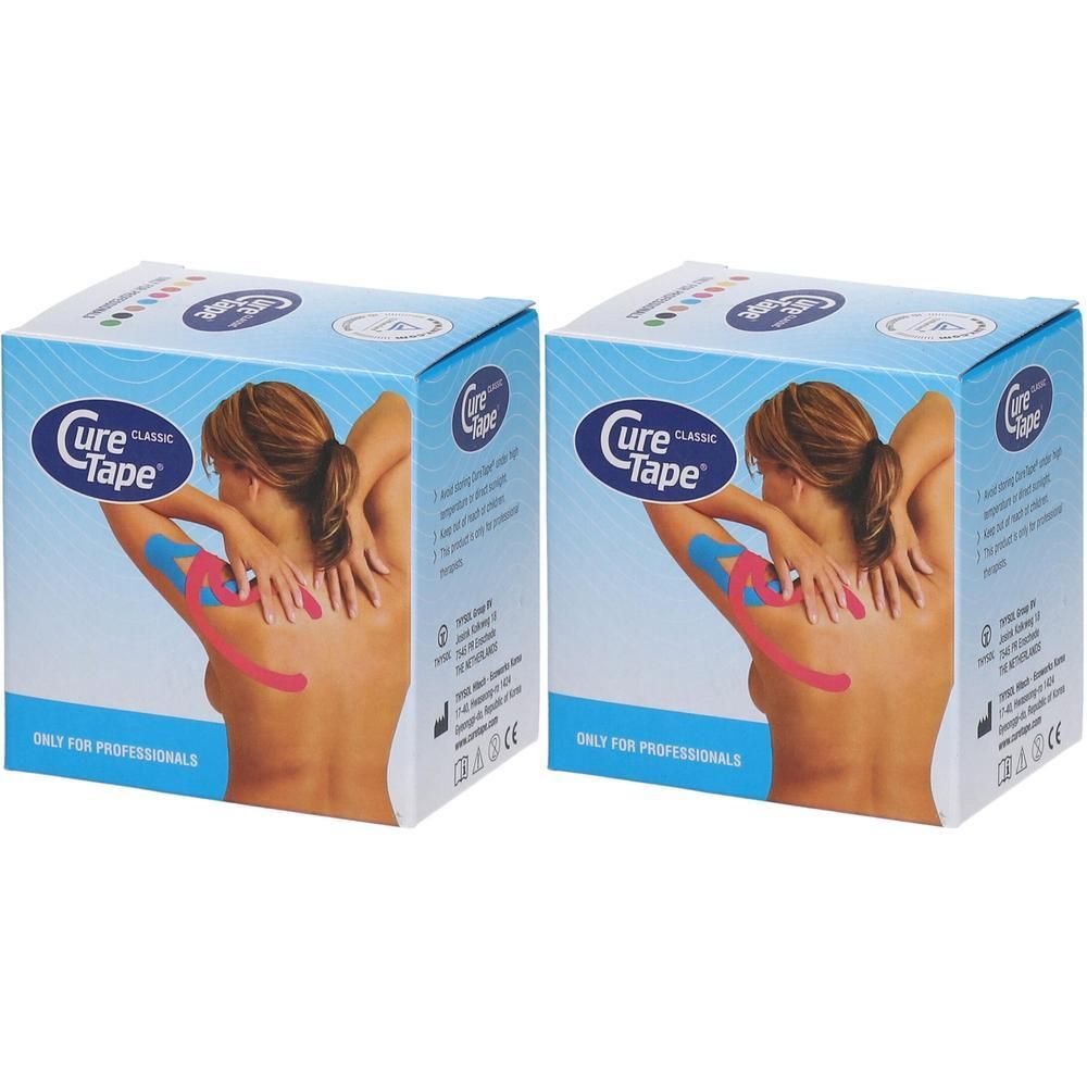 Deux boîtes Cure Tape® Bleu carrées. Impression : femme avec tape dans le dos. Texte : ONLY FOR PROFESSIONALS.