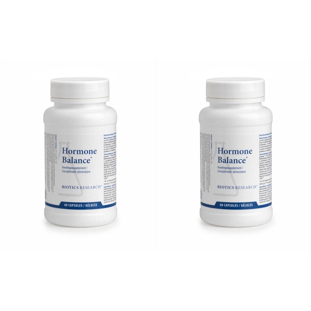 Deux flacons blancs "Hormone Balance". Inscription "Biotics Research". Chaque flacon contient 60 gélules.