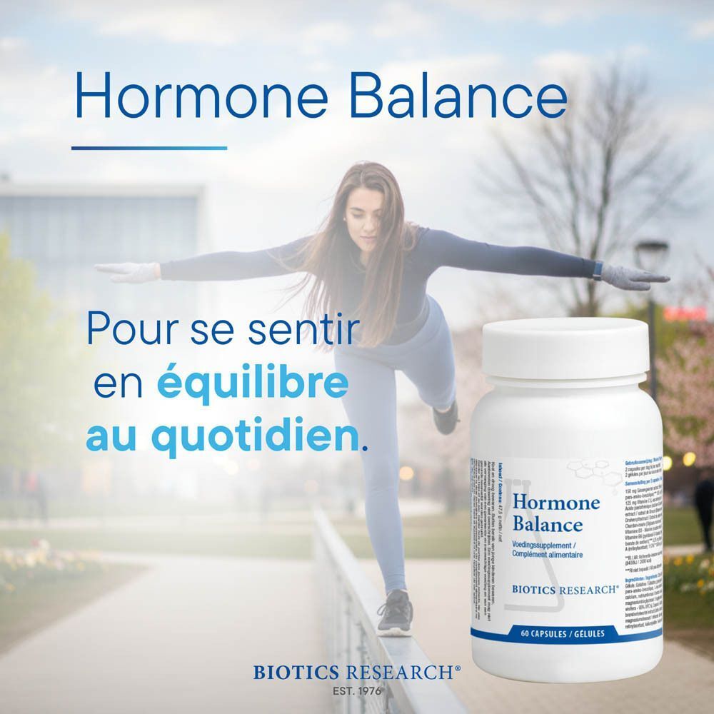 Deux bouteilles de Biotics Research Hormone Balance avec des gélules éparpillées.