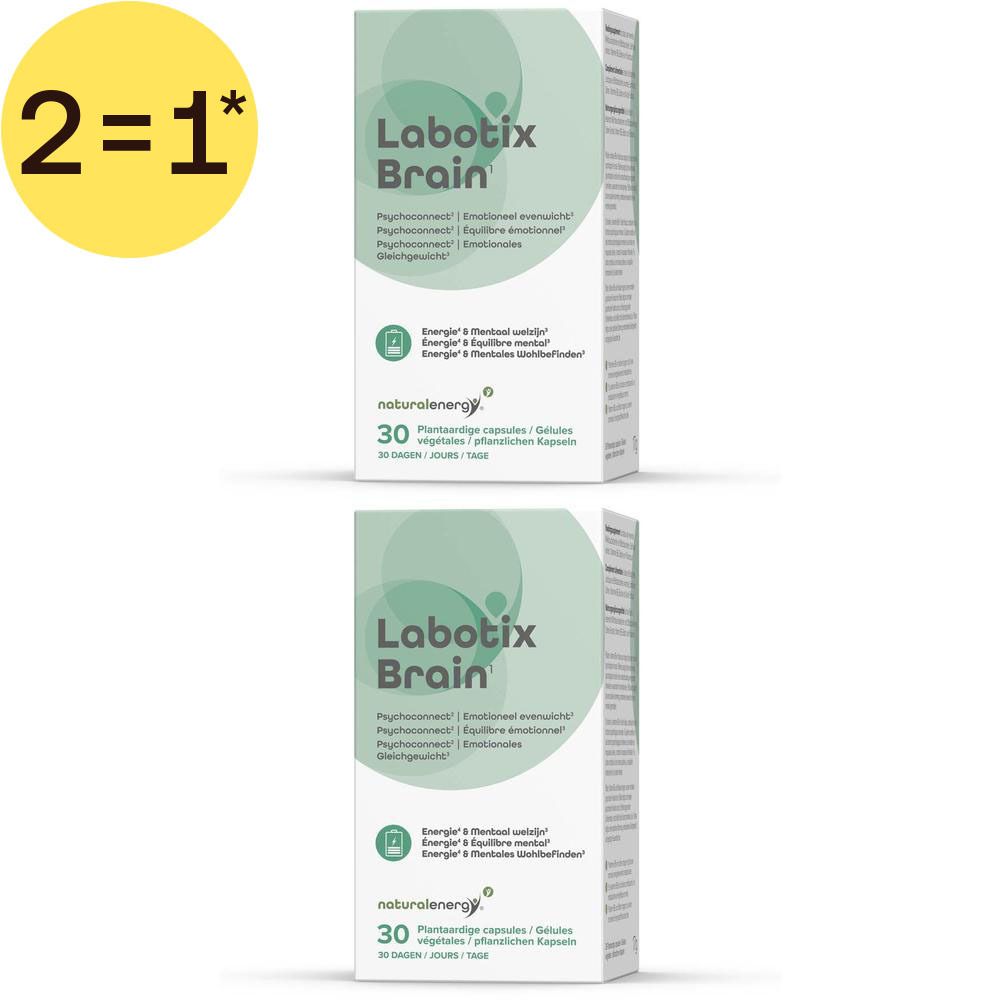 Deux boîtes de gélules Labotix Brain avec offre "2=1", 30 gélules végétales par boîte.