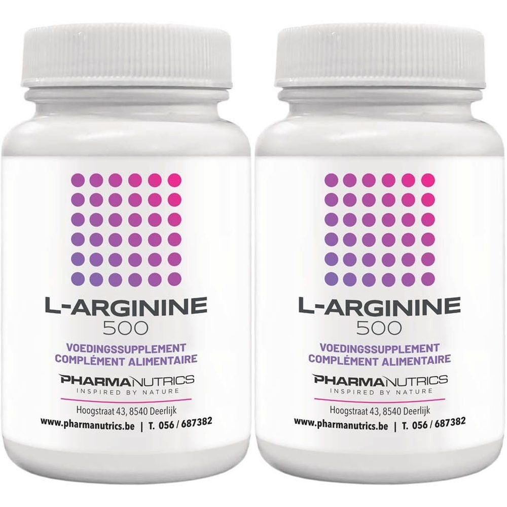 Deux flacons blancs avec étiquettes. Inscription : L-ARGININE 500, complément alimentaire. Marque : PharmaNutrics.