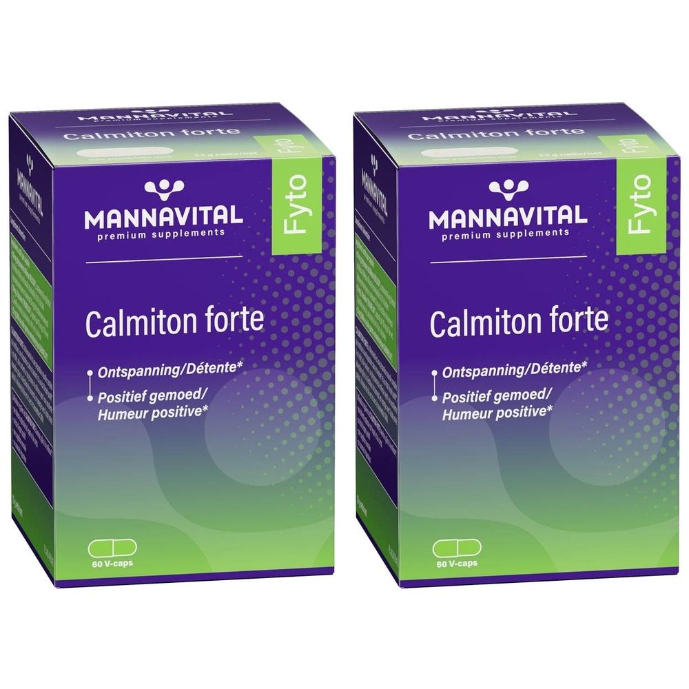 Deux boîtes avec le nom du produit Calmiton forte. Logo et désignations du produit. Design vert-violet. 60 V-caps.