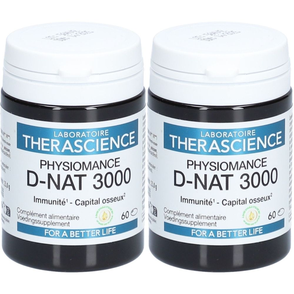 Deux pots de Physiomance D-Nat 3000. Récipients noirs avec couvercles blancs. Étiquettes bleues avec texte: Therascience, D-Nat 3000, 60 gélules.