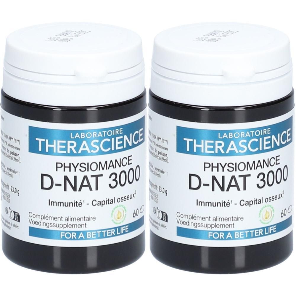 Deux pots de Physiomance D-Nat 3000. Récipients noirs avec couvercles blancs. Étiquettes bleues avec texte: Therascience, D-Nat 3000, 60 gélules.