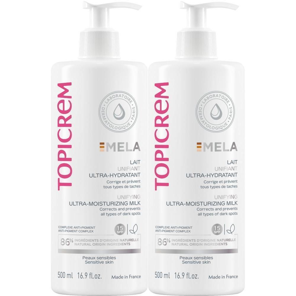 Deux flacons blancs avec pompe. Inscription TOPICREM, MELA, Lait Unifiant Ultra-Hydratant SPF 15. Texte en français et anglais.