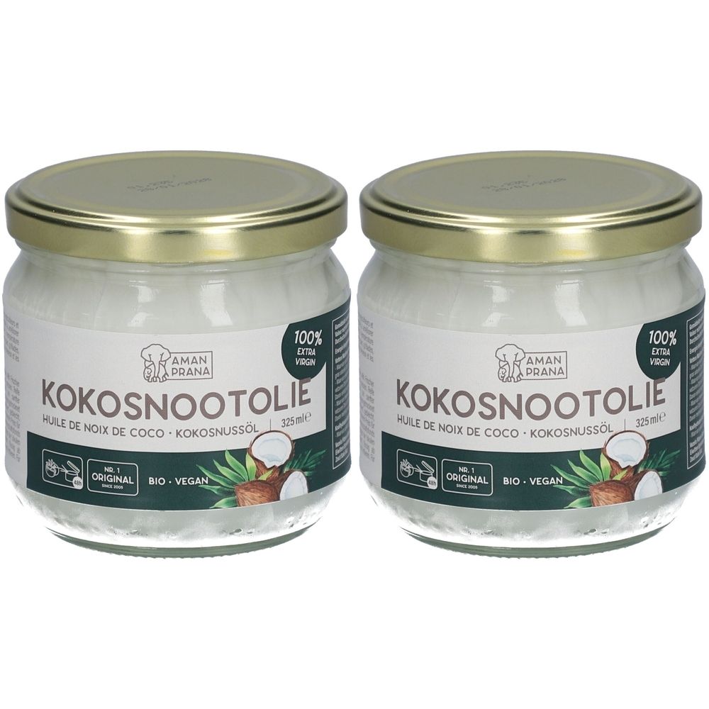 Deux pots d'huile de noix de coco avec des couvercles dorés. Les étiquettes indiquent "KOKOSNOOTOLIE" et "100% extra vierge".