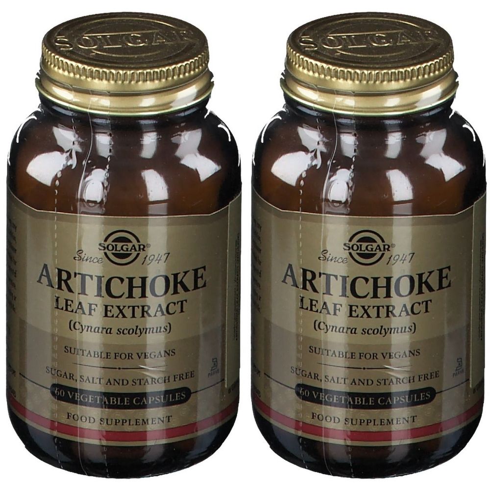 Deux flacons de SOLGAR Extrait de feuille d'artichaut. Flacons en verre brun avec couvercles dorés et étiquettes. 60 gélules.